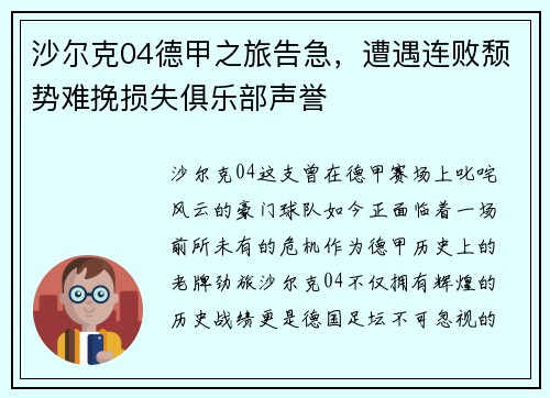 沙尔克04德甲之旅告急，遭遇连败颓势难挽损失俱乐部声誉