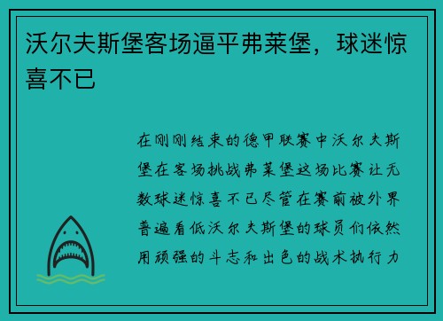沃尔夫斯堡客场逼平弗莱堡，球迷惊喜不已