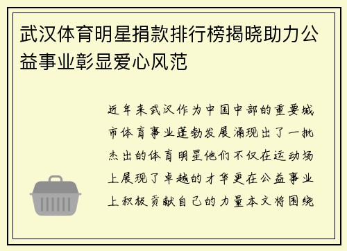 武汉体育明星捐款排行榜揭晓助力公益事业彰显爱心风范
